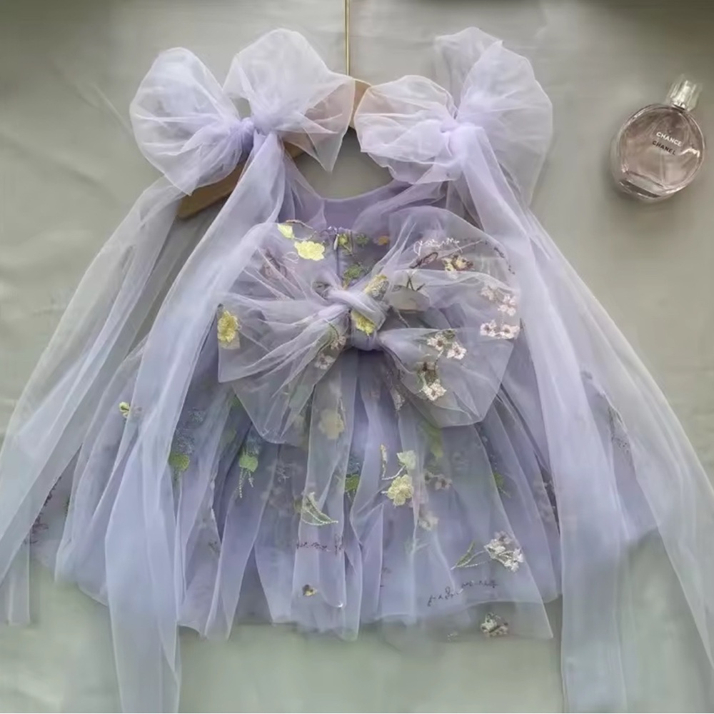 Lavender Floral Tulle Dress with Bows